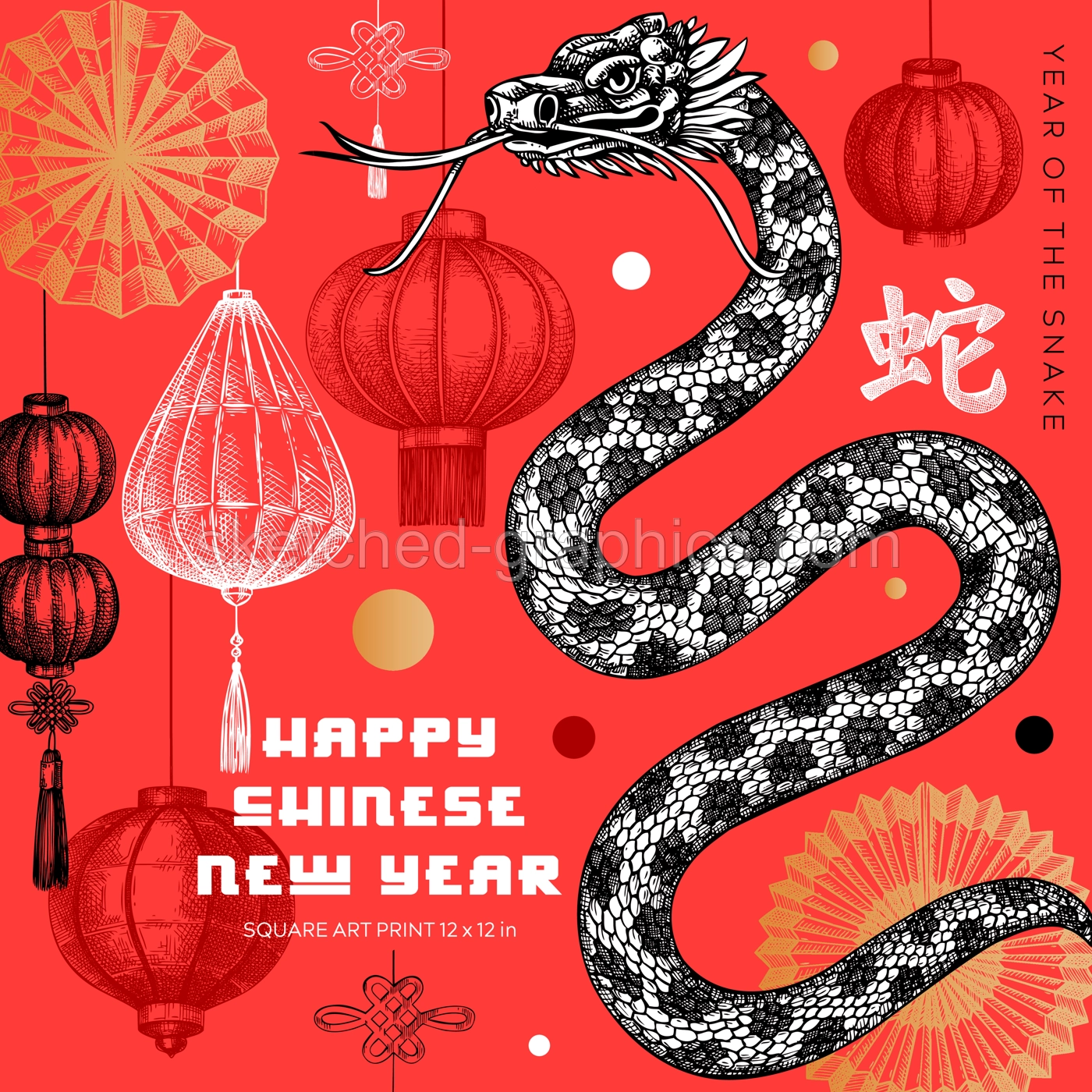 Chinese New Year square art print. Lunar New Year greeting card template. Snake sketch. NOT AI generated Illustration